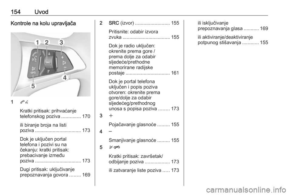 OPEL ASTRA K 2018.5  Priručnik za Infotainment (in Croatian) 154UvodKontrole na kolu upravljača
1qw
Kratki pritisak: prihvaćanje telefonskog poziva ..............170
ili biranje broja na listi
poziva .................................. 173
Dok je uključen por
