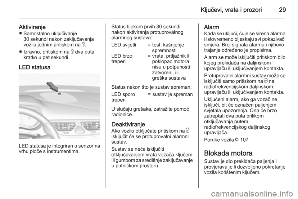 OPEL CORSA 2015.75 Priručnik za vlasnika (in Croatian) Ključevi, vrata i prozori29
Aktiviranje■ Samostalno uključivanje 30 sekundi nakon zaključavanja
vozila jednim pritiskom na e.
■ Izravno, pritiskom na e dva puta
kratko u pet sekundi.
LED stat OPEL CORSA 2015.75 Priručnik za vlasnika (in Croatian) Ključevi, vrata i prozori29
Aktiviranje■ Samostalno uključivanje 30 sekundi nakon zaključavanja
vozila jednim pritiskom na e.
■ Izravno, pritiskom na e dva puta
kratko u pet sekundi.
LED stat