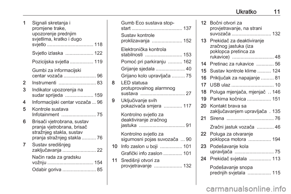 OPEL CORSA 2017  Priručnik za vlasnika (in Croatian) Ukratko111Signali skretanja i
promjene trake,
upozorenje prednjim
svjetlima, kratko i dugo
svjetlo .................................. 118
Svjetlo izlaska  ....................122
Pozicijska svjetla ..