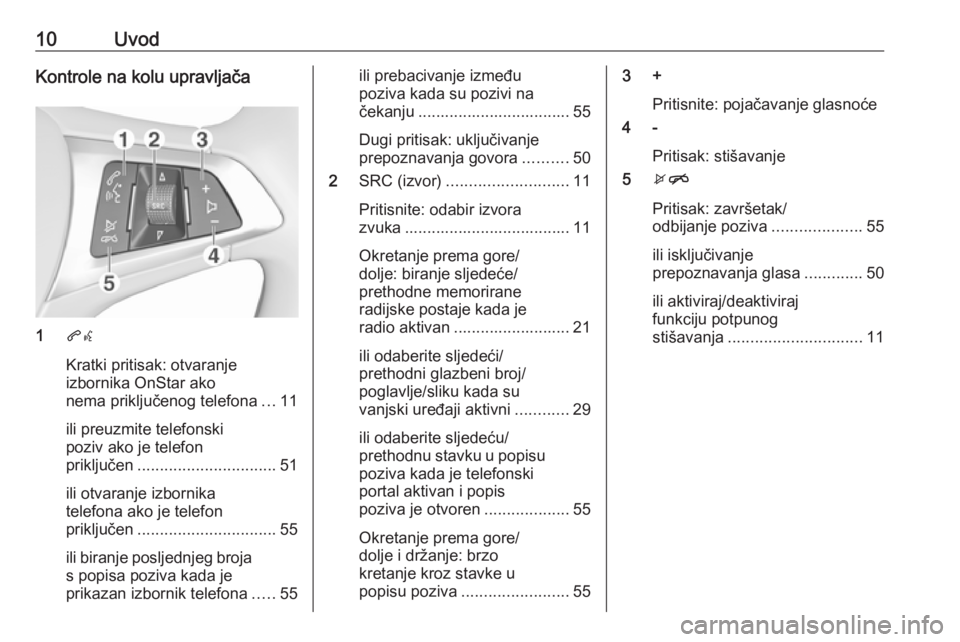 OPEL CORSA E 2018 Priručnik za Infotainment (in Croatian) 10UvodKontrole na kolu upravljača
1qw
Kratki pritisak: otvaranje
izbornika OnStar ako
nema priključenog telefona ...11
ili preuzmite telefonski
poziv ako je telefon
priključen ..................... OPEL CORSA E 2018 Priručnik za Infotainment (in Croatian) 10UvodKontrole na kolu upravljača
1qw
Kratki pritisak: otvaranje
izbornika OnStar ako
nema priključenog telefona ...11
ili preuzmite telefonski
poziv ako je telefon
priključen .....................