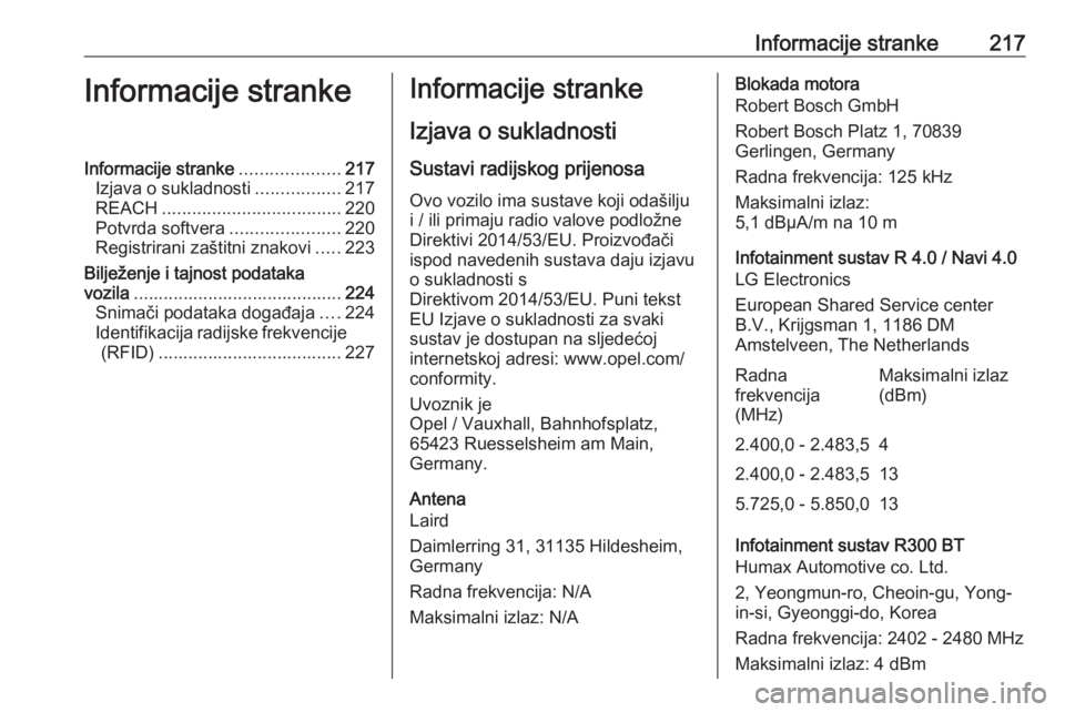 OPEL CORSA E 2019 Priručnik za vlasnika (in Croatian) Informacije stranke217Informacije strankeInformacije stranke....................217
Izjava o sukladnosti .................217
REACH .................................... 220
Potvrda softvera .......... OPEL CORSA E 2019 Priručnik za vlasnika (in Croatian) Informacije stranke217Informacije strankeInformacije stranke....................217
Izjava o sukladnosti .................217
REACH .................................... 220
Potvrda softvera ..........