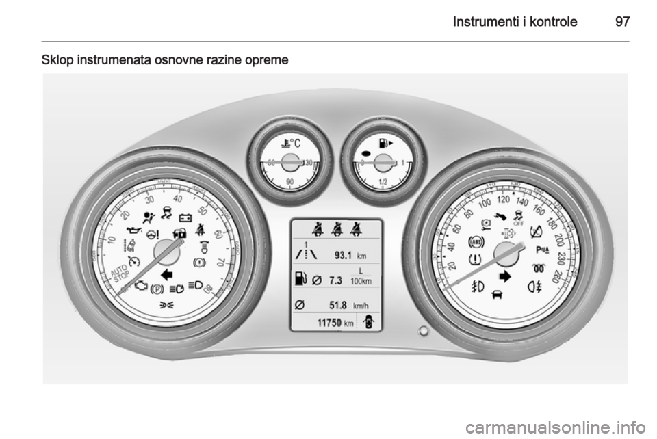 OPEL INSIGNIA 2015  Priručnik za vlasnika (in Croatian) Instrumenti i kontrole97
Sklop instrumenata osnovne razine opreme 