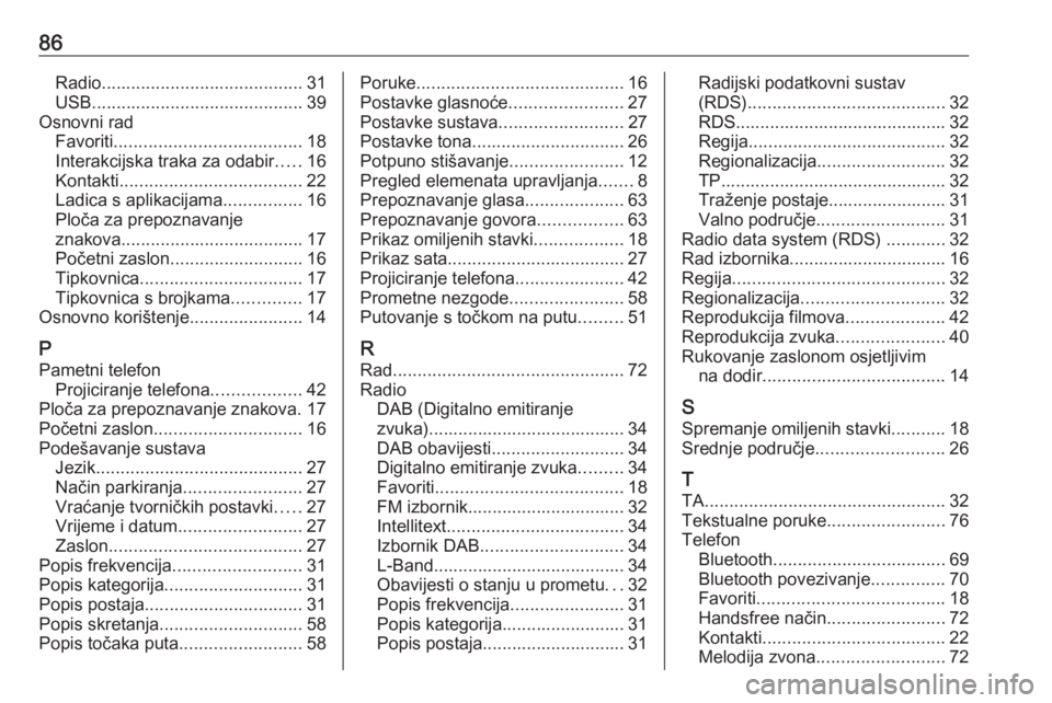 OPEL INSIGNIA 2017  Priručnik za Infotainment (in Croatian) 86Radio......................................... 31
USB ........................................... 39
Osnovni rad Favoriti ...................................... 18
Interakcijska traka za odabir ....