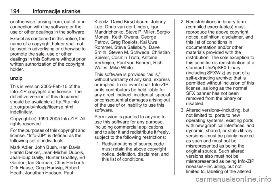 OPEL KARL 2018.5 Priručnik za vlasnika (in Croatian) 194Informacije strankeor otherwise, arising from, out of or inconnection with the software or the
use or other dealings in the software.
Except as contained in this notice, the
name of a copyright hol OPEL KARL 2018.5 Priručnik za vlasnika (in Croatian) 194Informacije strankeor otherwise, arising from, out of or inconnection with the software or the
use or other dealings in the software.
Except as contained in this notice, the
name of a copyright hol