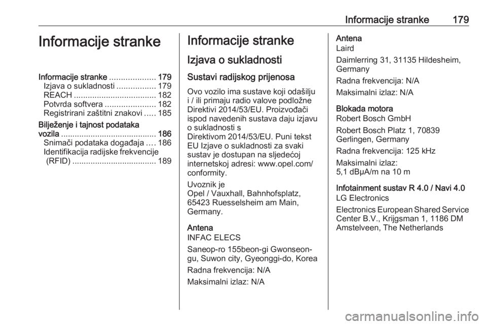 OPEL KARL 2019 Priručnik za vlasnika (in Croatian) Informacije stranke179Informacije strankeInformacije stranke....................179
Izjava o sukladnosti .................179
REACH .................................... 182
Potvrda softvera .......... OPEL KARL 2019 Priručnik za vlasnika (in Croatian) Informacije stranke179Informacije strankeInformacije stranke....................179
Izjava o sukladnosti .................179
REACH .................................... 182
Potvrda softvera ..........