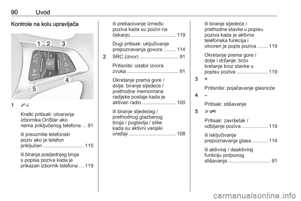 OPEL MOKKA X 2018.5  Priručnik za vlasnika (in Croatian) 90UvodKontrole na kolu upravljača
1qw
Kratki pritisak: otvaranje
izbornika OnStar ako
nema priključenog telefona ...91
ili preuzmite telefonski
poziv ako je telefon
priključen .....................