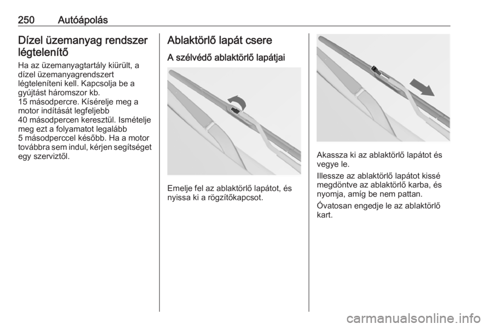 OPEL INSIGNIA 2017  Kezelési útmutató (in Hungarian) 250AutóápolásDízel üzemanyag rendszerlégtelenítő
Ha az üzemanyagtartály kiürült, a
dízel üzemanyagrendszert
légteleníteni kell. Kapcsolja be a
gyújtást háromszor kb.
15 másodpercre