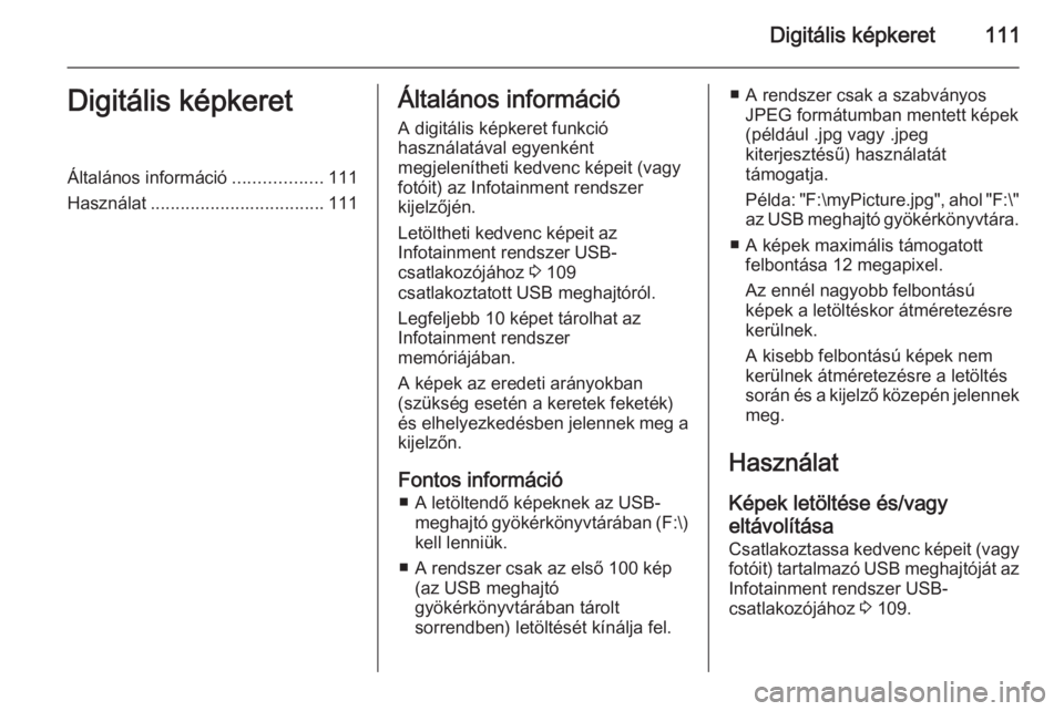 OPEL MOKKA 2014  Infotainment kézikönyv (in Hungarian) Digitális képkeret111Digitális képkeretÁltalános információ..................111
Használat ................................... 111Általános információ
A digitális képkeret funkció
hasz