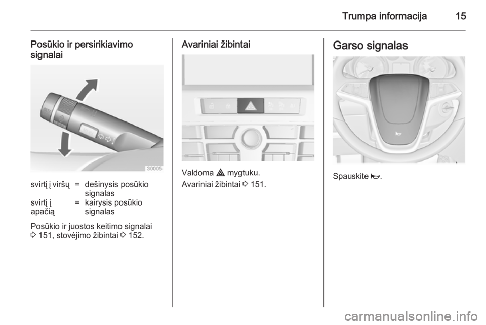 OPEL ASTRA J 2014.5  Savininko vadovas (in Lithuanian) Trumpa informacija15
Posūkio ir persirikiavimo
signalaisvirtį į viršų=dešinysis posūkio
signalassvirtį į
apačią=kairysis posūkio
signalas
Posūkio ir juostos keitimo signalai
3  151, stov