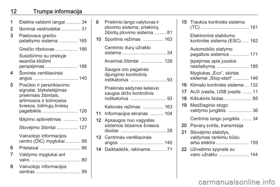 OPEL CASCADA 2016  Savininko vadovas (in Lithuanian) 12Trumpa informacija1Elektra valdomi langai ...........34
2 Išoriniai veidrodėliai ..............31
3 Pastovaus greičio
palaikymo sistema  .............165
Greičio ribotuvas .................166
S