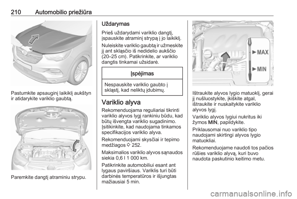 OPEL GRANDLAND X 2019.75 Savininko vadovas (in Lithuanian) 210Automobilio priežiūra
Pastumkite apsauginį laikiklį aukštyn
ir atidarykite variklio gaubtą.
Paremkite dangtį atraminiu strypu.
Uždarymas
Prieš uždarydami variklio dangtį,
įspauskite atr OPEL GRANDLAND X 2019.75 Savininko vadovas (in Lithuanian) 210Automobilio priežiūra
Pastumkite apsauginį laikiklį aukštyn
ir atidarykite variklio gaubtą.
Paremkite dangtį atraminiu strypu.
Uždarymas
Prieš uždarydami variklio dangtį,
įspauskite atr