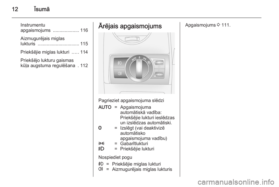 OPEL ANTARA 2014.5  Īpašnieka rokasgrāmata (in Latvian) 12Īsumā
Instrumentu
apgaismojums  ....................116
Aizmugurējais miglas
lukturis  ................................ 115
Priekšējie miglas lukturi  .....114
Priekšējo lukturu gaismas
kūļ