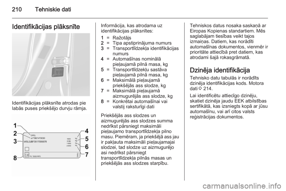 OPEL ANTARA 2014.5  Īpašnieka rokasgrāmata (in Latvian) 210Tehniskie datiIdentifikācijas plāksnīte
Identifikācijas plāksnīte atrodas pie
labās puses priekšējo durvju rāmja.
Informācija, kas atrodama uz
identifikācijas plāksnītes:1=Ražotājs2