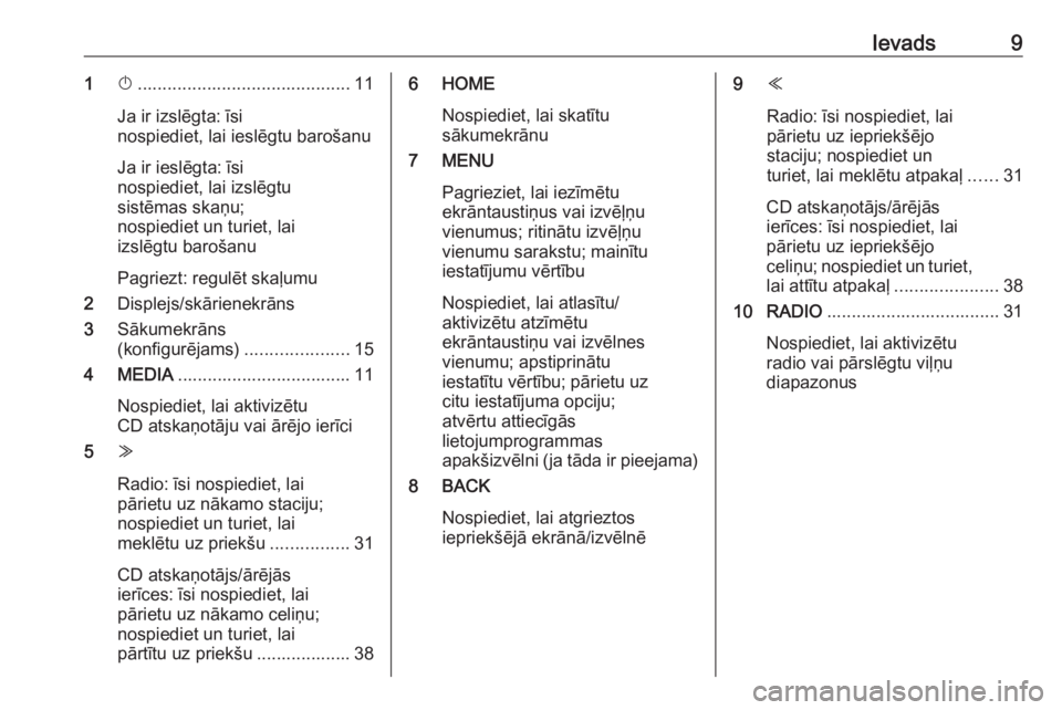 OPEL ASTRA K 2016 Informācijas un izklaides sistēmas rokasgrāmata (in Latvian) Ievads91X........................................... 11
Ja ir izslēgta: īsi
nospiediet, lai ieslēgtu barošanu
Ja ir ieslēgta: īsi
nospiediet, lai izslēgtu
sistēmas skaņu;
nospiediet un turiet OPEL ASTRA K 2016 Informācijas un izklaides sistēmas rokasgrāmata (in Latvian) Ievads91X........................................... 11
Ja ir izslēgta: īsi
nospiediet, lai ieslēgtu barošanu
Ja ir ieslēgta: īsi
nospiediet, lai izslēgtu
sistēmas skaņu;
nospiediet un turiet
