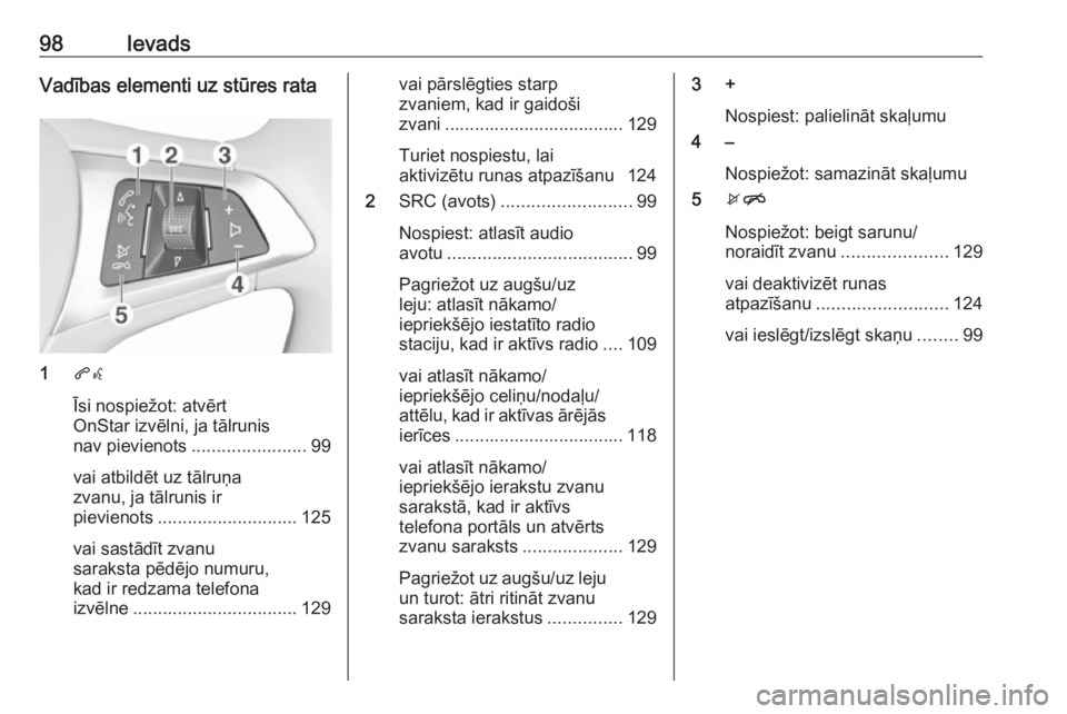 OPEL ASTRA K 2017 Informācijas un izklaides sistēmas rokasgrāmata (in Latvian) 98IevadsVadības elementi uz stūres rata
1qw
Īsi nospiežot: atvērt
OnStar izvēlni, ja tālrunis
nav pievienots ....................... 99
vai atbildēt uz tālruņa
zvanu, ja tālrunis ir
pievien OPEL ASTRA K 2017 Informācijas un izklaides sistēmas rokasgrāmata (in Latvian) 98IevadsVadības elementi uz stūres rata
1qw
Īsi nospiežot: atvērt
OnStar izvēlni, ja tālrunis
nav pievienots ....................... 99
vai atbildēt uz tālruņa
zvanu, ja tālrunis ir
pievien