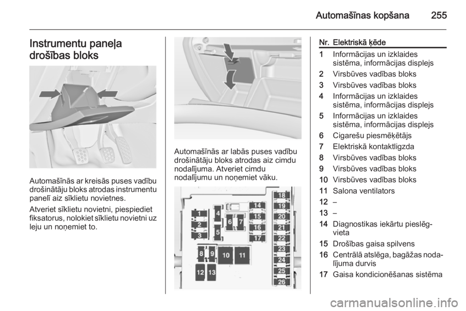 OPEL INSIGNIA 2014  Īpašnieka rokasgrāmata (in Latvian) Automašīnas kopšana255Instrumentu paneļa
drošības bloks
Automašīnās ar kreisās puses vadību
drošinātāju bloks atrodas instrumentu
panelī aiz sīklietu novietnes.
Atveriet sīklietu novi