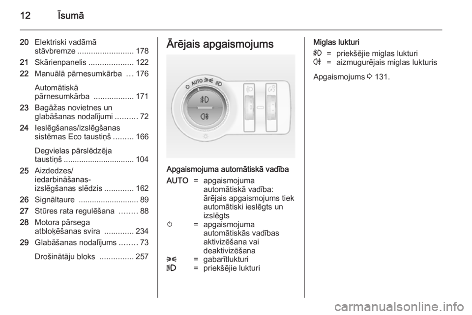 OPEL INSIGNIA 2014.5 Īpašnieka rokasgrāmata (in Latvian) 12Īsumā
20Elektriski vadāmā
stāvbremze ......................... 178
21 Skārienpanelis ....................122
22 Manuālā pārnesumkārba ...176
Automātiskā
pārnesumkārba ............... OPEL INSIGNIA 2014.5 Īpašnieka rokasgrāmata (in Latvian) 12Īsumā
20Elektriski vadāmā
stāvbremze ......................... 178
21 Skārienpanelis ....................122
22 Manuālā pārnesumkārba ...176
Automātiskā
pārnesumkārba ...............