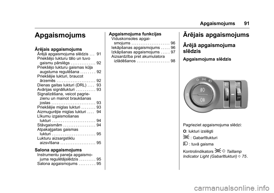OPEL KARL 2016 Īpašnieka rokasgrāmata (in Latvian) OPEL Karl Owner Manual (GMK-Localizing-EU LHD-9231167) - 2016 - crc -
9/10/15
Apgaismojums 91
Apgaismojums
Ārējais apgaismojums
Ārējāapgaismojuma slēdzis . . . 91
Priekšējo lukturu tālo un tu OPEL KARL 2016 Īpašnieka rokasgrāmata (in Latvian) OPEL Karl Owner Manual (GMK-Localizing-EU LHD-9231167) - 2016 - crc -
9/10/15
Apgaismojums 91
Apgaismojums
Ārējais apgaismojums
Ārējāapgaismojuma slēdzis . . . 91
Priekšējo lukturu tālo un tu