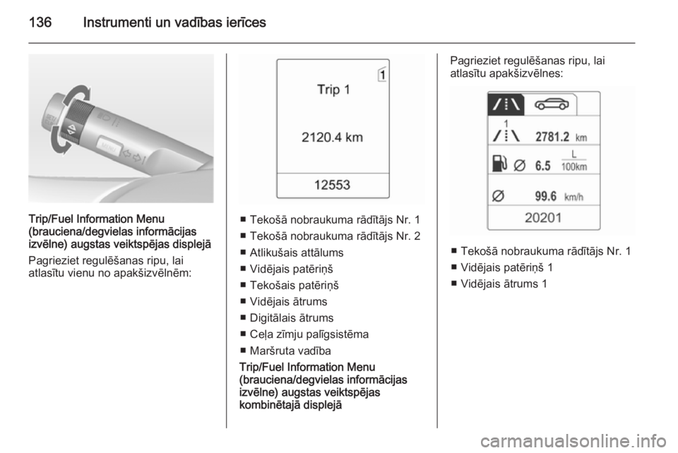 OPEL ZAFIRA C 2014.5  Īpašnieka rokasgrāmata (in Latvian) 136Instrumenti un vadības ierīces
Trip/Fuel Information Menu
(brauciena/degvielas informācijas izvēlne)  augstas veiktspējas displejā
Pagrieziet regulēšanas ripu, lai
atlasītu vienu no apakš