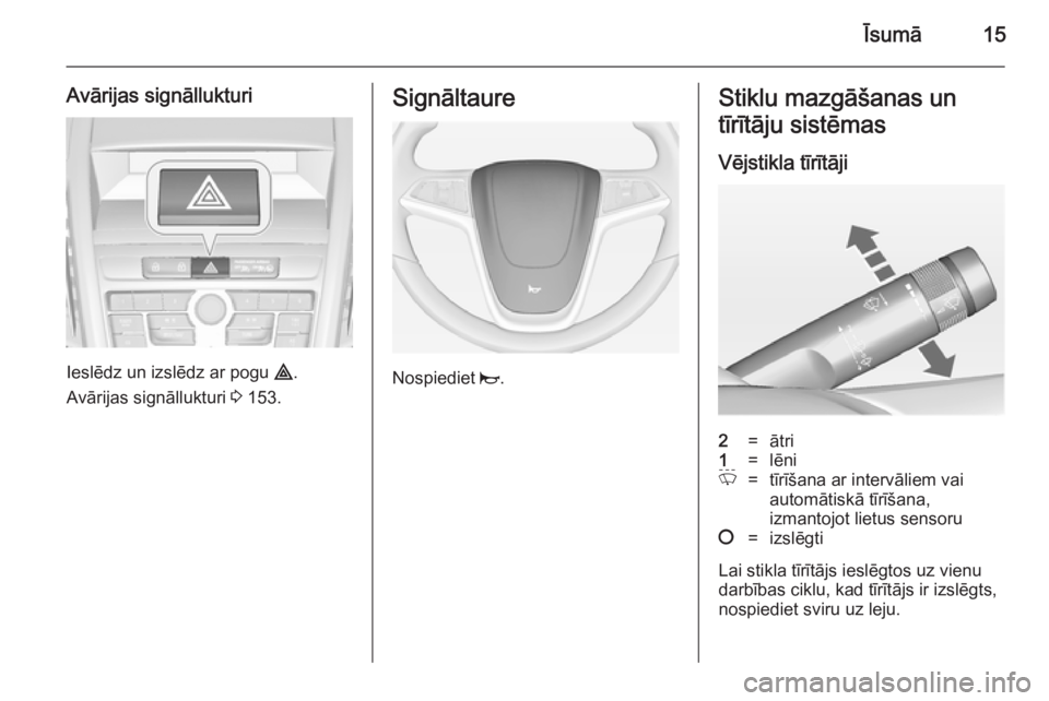 OPEL ZAFIRA C 2014.5  Īpašnieka rokasgrāmata (in Latvian) Īsumā15
Avārijas signāllukturi
Ieslēdz un izslēdz ar pogu ¨.
Avārijas signāllukturi  3 153.
Signāltaure
Nospiediet  j.
Stiklu mazgāšanas un
tīrītāju sistēmas
Vējstikla tīrītāji2=ā