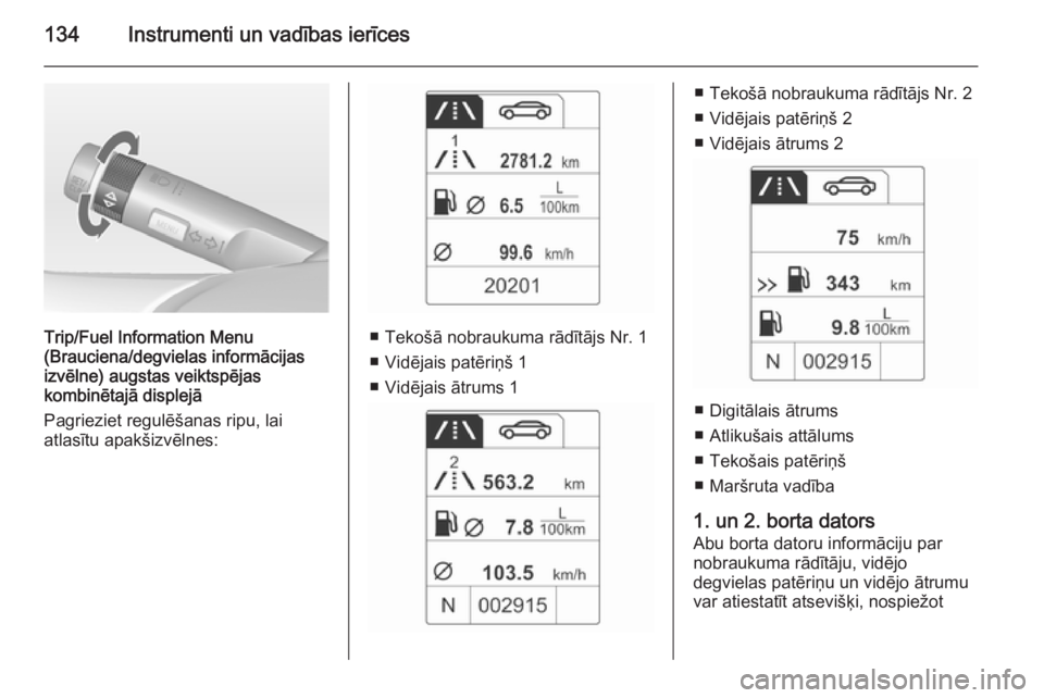 OPEL ZAFIRA C 2015  Īpašnieka rokasgrāmata (in Latvian) 134Instrumenti un vadības ierīces
Trip/Fuel Information Menu
(Brauciena/degvielas informācijas
izvēlne)  augstas veiktspējas
kombinētajā displejā
Pagrieziet regulēšanas ripu, lai
atlasītu a