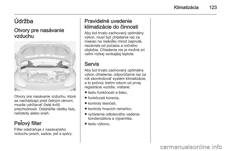 OPEL ADAM 2015  Používateľská príručka (in Slovak) Klimatizácia123Údržba
Otvory pre nasávanie
vzduchu
Otvory pre nasávanie vzduchu, ktoré
sa nachádzajú pred čelným oknom, musíte udržiavať čisté kvôli
priechodnosti. Odstráňte všetky 