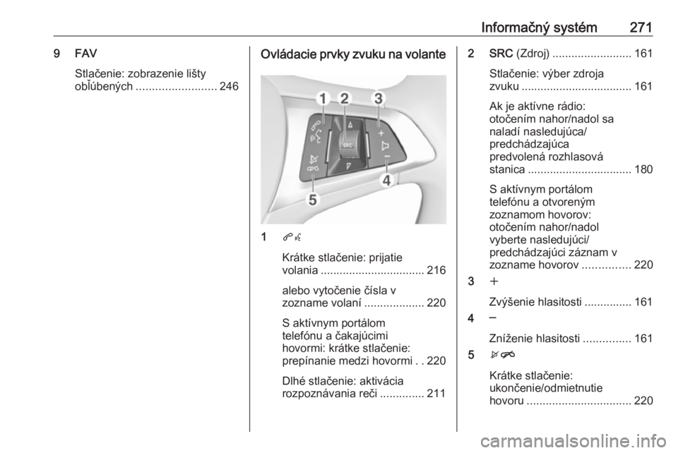 OPEL ASTRA K 2017.5 Používateľská príručka (in Slovak) Informačný systém2719 FAVStlačenie: zobrazenie lišty
obľúbených ......................... 246Ovládacie prvky zvuku na volante
1qw
Krátke stlačenie: prijatie
volania ........................ OPEL ASTRA K 2017.5 Používateľská príručka (in Slovak) Informačný systém2719 FAVStlačenie: zobrazenie lišty
obľúbených ......................... 246Ovládacie prvky zvuku na volante
1qw
Krátke stlačenie: prijatie
volania ........................