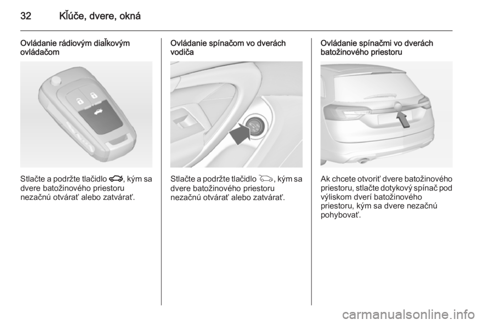 OPEL INSIGNIA 2014  Používateľská príručka (in Slovak) 32Kľúče, dvere, okná
Ovládanie rádiovým diaľkovým
ovládačom
Stlačte a podržte tlačidlo  x, kým sa
dvere batožinového priestoru
nezačnú otvárať alebo zatvárať.
Ovládanie spína