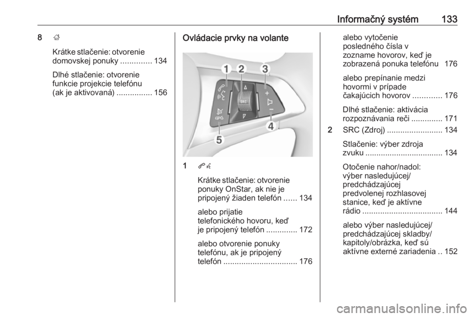 OPEL ZAFIRA C 2019  Používateľská príručka (in Slovak) Informačný systém1338;
Krátke stlačenie: otvorenie domovskej ponuky ..............134
Dlhé stlačenie: otvorenie
funkcie projekcie telefónu
(ak je aktivovaná) ................156Ovládacie prv