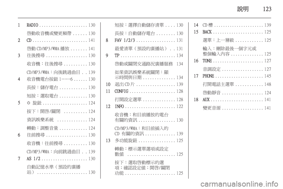 OPEL ASTRA J 2015 車載資訊娛樂系統手冊 (in Taiwanese) 說明123
1 RADIO..................... 130
啟動收音機或變更頻帶 ......130
2 CD ........................ 141
啟動 CD/MP3/WMA 播放 .......141
3 往後搜尋 .................. 130
收音 OPEL ASTRA J 2015 車載資訊娛樂系統手冊 (in Taiwanese) 說明123
1 RADIO..................... 130
啟動收音機或變更頻帶 ......130
2 CD ........................ 141
啟動 CD/MP3/WMA 播放 .......141
3 往後搜尋 .................. 130
收音