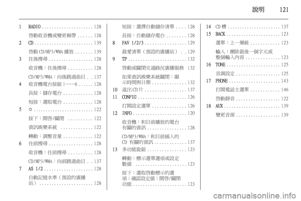 OPEL ASTRA J 2015.5 車載資訊娛樂系統手冊 (in Taiwanese) 說明121
1 RADIO..................... 128
啟動收音機或變更頻帶 ......128
2 CD ........................ 139
啟動 CD/MP3/WMA 播放 .......139
3 往後搜尋 .................. 128
收音 OPEL ASTRA J 2015.5 車載資訊娛樂系統手冊 (in Taiwanese) 說明121
1 RADIO..................... 128
啟動收音機或變更頻帶 ......128
2 CD ........................ 139
啟動 CD/MP3/WMA 播放 .......139
3 往後搜尋 .................. 128
收音