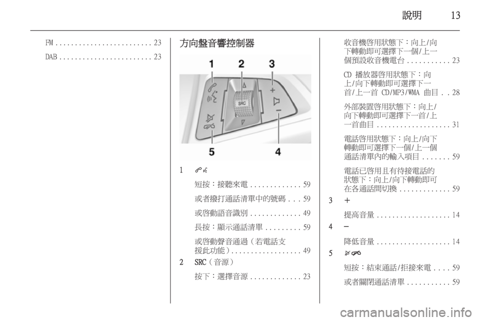 OPEL ZAFIRA C 2015.5  車載資訊娛樂系統手冊 (in Taiwanese) 說明13
FM......................... 23
DAB ........................ 23方向盤音響控制器
1
qw
短按：接聽來電 .............59
或者撥打通話清單中的號碼 ...59
或啟動語音識
