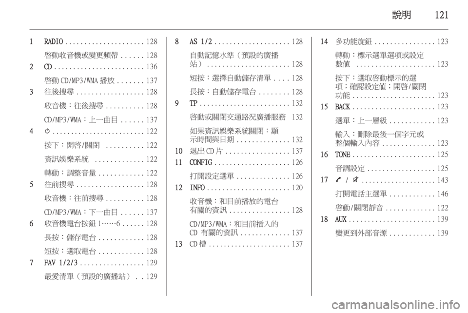 OPEL ZAFIRA C 2015.5 車載資訊娛樂系統手冊 (in Taiwanese) 說明121
1 RADIO..................... 128
啟動收音機或變更頻帶 ......128
2 CD ........................ 136
啟動 CD/MP3/WMA 播放 .......137
3 往後搜尋 .................. 128
收音 OPEL ZAFIRA C 2015.5 車載資訊娛樂系統手冊 (in Taiwanese) 說明121
1 RADIO..................... 128
啟動收音機或變更頻帶 ......128
2 CD ........................ 136
啟動 CD/MP3/WMA 播放 .......137
3 往後搜尋 .................. 128
收音