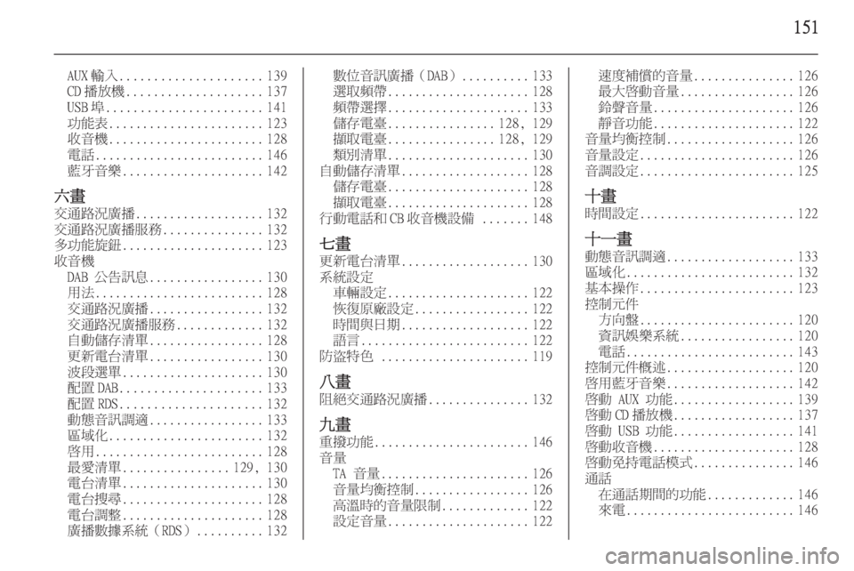 OPEL ZAFIRA C 2015.5 車載資訊娛樂系統手冊 (in Taiwanese) 151
AUX 輸入..................... 139
CD 播放機 .................... 137
USB 埠 ....................... 141
功能表 ....................... 123
收音機 ....................... 128
電話 ... OPEL ZAFIRA C 2015.5 車載資訊娛樂系統手冊 (in Taiwanese) 151
AUX 輸入..................... 139
CD 播放機 .................... 137
USB 埠 ....................... 141
功能表 ....................... 123
收音機 ....................... 128
電話 ...