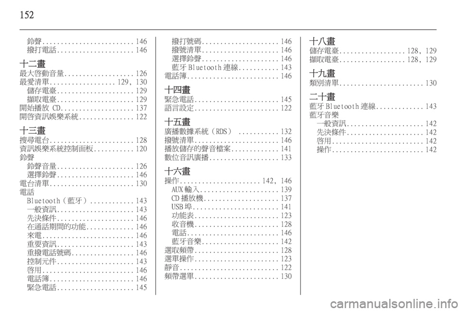 OPEL ZAFIRA C 2015.5 車載資訊娛樂系統手冊 (in Taiwanese) 152
鈴聲......................... 146
撥打電話 ..................... 146
十二畫 最大啟動音量 ................... 126
最愛清單 .................. 129, 130
儲存電臺 .............. OPEL ZAFIRA C 2015.5 車載資訊娛樂系統手冊 (in Taiwanese) 152
鈴聲......................... 146
撥打電話 ..................... 146
十二畫 最大啟動音量 ................... 126
最愛清單 .................. 129, 130
儲存電臺 ..............