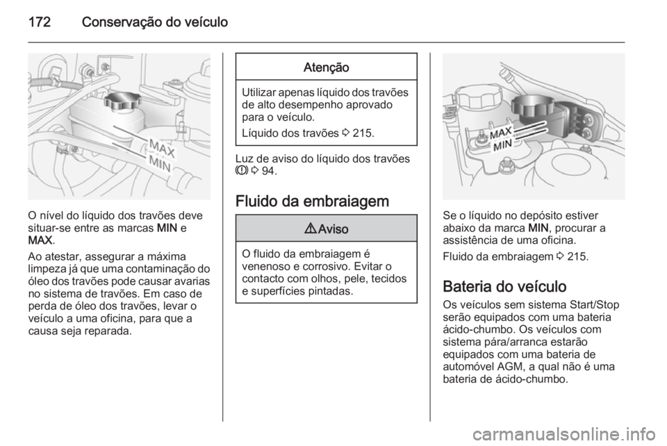 OPEL ANTARA 2014.5  Manual de Instruções (in Portugues) 172Conservação do veículo
O nível do líquido dos travões deve
situar-se entre as marcas  MIN e
MAX .
Ao atestar, assegurar a máxima
limpeza já que uma contaminação do óleo dos travões pode