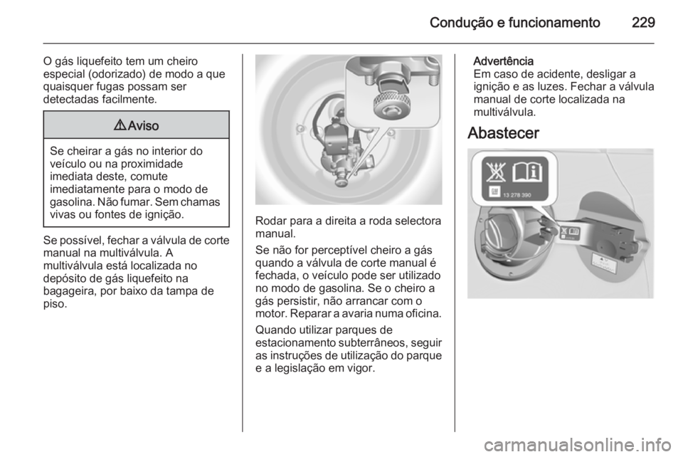 OPEL ASTRA J 2014.5  Manual de Instruções (in Portugues) Condução e funcionamento229
O gás liquefeito tem um cheiro
especial (odorizado) de modo a que
quaisquer fugas possam ser
detectadas facilmente.9 Aviso
Se cheirar a gás no interior do
veículo ou n