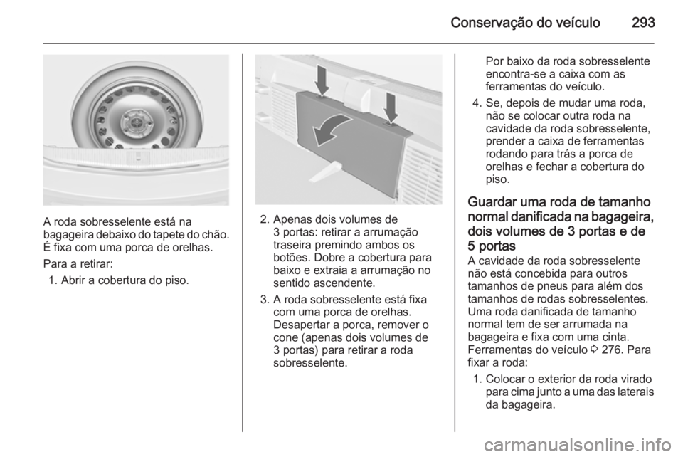 OPEL ASTRA J 2014.5  Manual de Instruções (in Portugues) Conservação do veículo293
A roda sobresselente está na
bagageira debaixo do tapete do chão. É fixa com uma porca de orelhas.
Para a retirar: 1. Abrir a cobertura do piso.2. Apenas dois volumes d