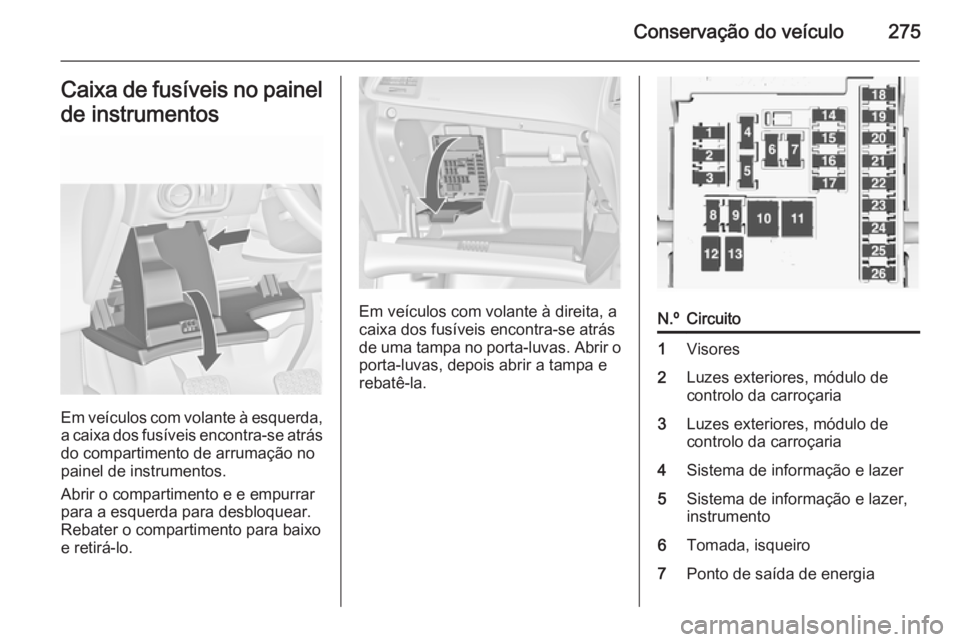 OPEL ASTRA J 2015  Manual de Instruções (in Portugues) Conservação do veículo275Caixa de fusíveis no painel
de instrumentos
Em veículos com volante à esquerda,
a caixa dos fusíveis encontra-se atrás do compartimento de arrumação no
painel de ins