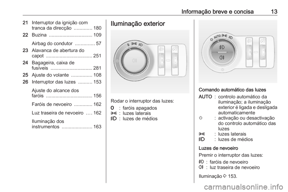 OPEL ASTRA J 2016.5  Manual de Instruções (in Portugues) Informação breve e concisa1321Interruptor da ignição com
tranca da direcção  .............180
22 Buzina  ................................ 109
Airbag do condutor  ..............57
23 Alavanca de 