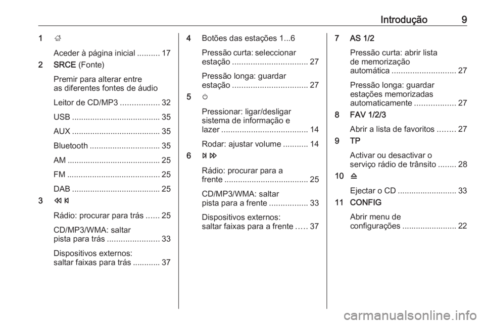 OPEL ASTRA J 2018 Manual de Informação e Lazer (in Portugues) Introdução91;
Aceder à página inicial ..........17
2 SRCE (Fonte)
Premir para alterar entre
as diferentes fontes de áudio
Leitor de CD/MP3 .................32
USB ............................... OPEL ASTRA J 2018 Manual de Informação e Lazer (in Portugues) Introdução91;
Aceder à página inicial ..........17
2 SRCE (Fonte)
Premir para alterar entre
as diferentes fontes de áudio
Leitor de CD/MP3 .................32
USB ...............................