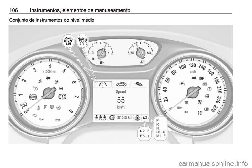 OPEL ASTRA K 2017  Manual de Instruções (in Portugues) 106Instrumentos, elementos de manuseamentoConjunto de instrumentos do nível médio 