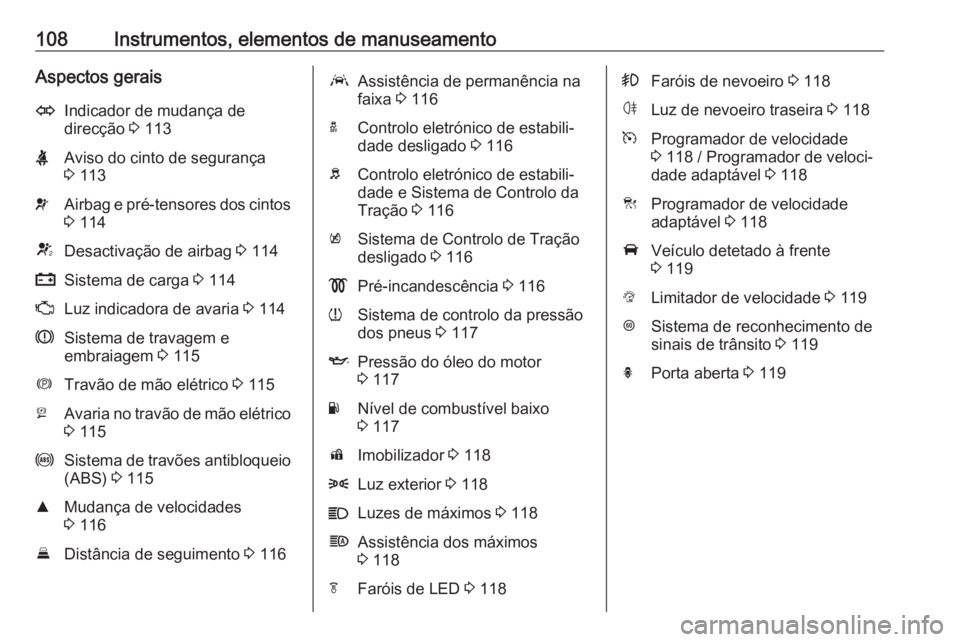 OPEL ASTRA K 2017  Manual de Instruções (in Portugues) 108Instrumentos, elementos de manuseamentoAspectos geraisOIndicador de mudança de
direcção  3 113XAviso do cinto de segurança
3  113vAirbag e pré-tensores dos cintos
3  114VDesactivação de airb