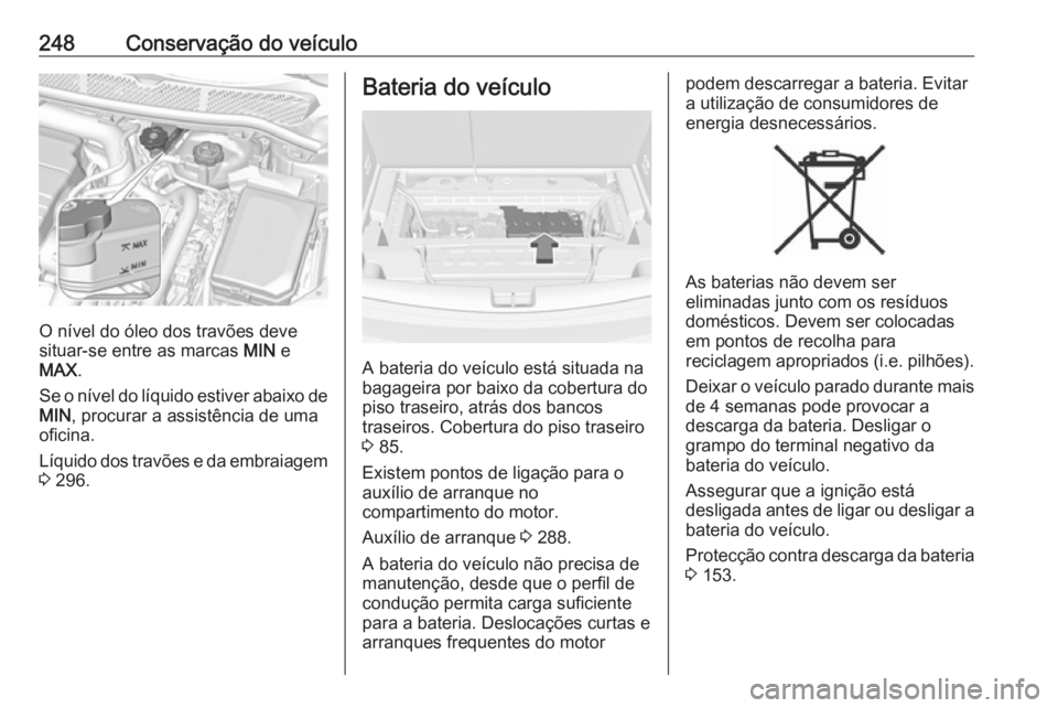 OPEL ASTRA K 2017  Manual de Instruções (in Portugues) 248Conservação do veículo
O nível do óleo dos travões deve
situar-se entre as marcas  MIN e
MAX .
Se o nível do líquido estiver abaixo de MIN , procurar a assistência de uma
oficina.
Líquido