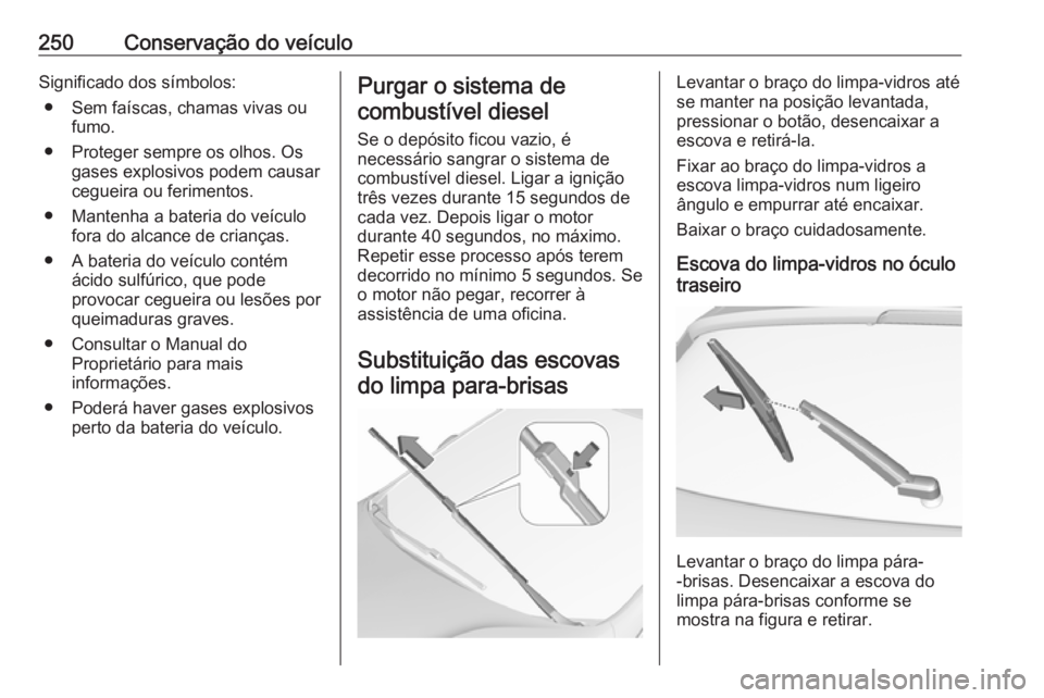 OPEL ASTRA K 2017  Manual de Instruções (in Portugues) 250Conservação do veículoSignificado dos símbolos:● Sem faíscas, chamas vivas ou fumo.
● Proteger sempre os olhos. Os gases explosivos podem causar
cegueira ou ferimentos.
● Mantenha a bate