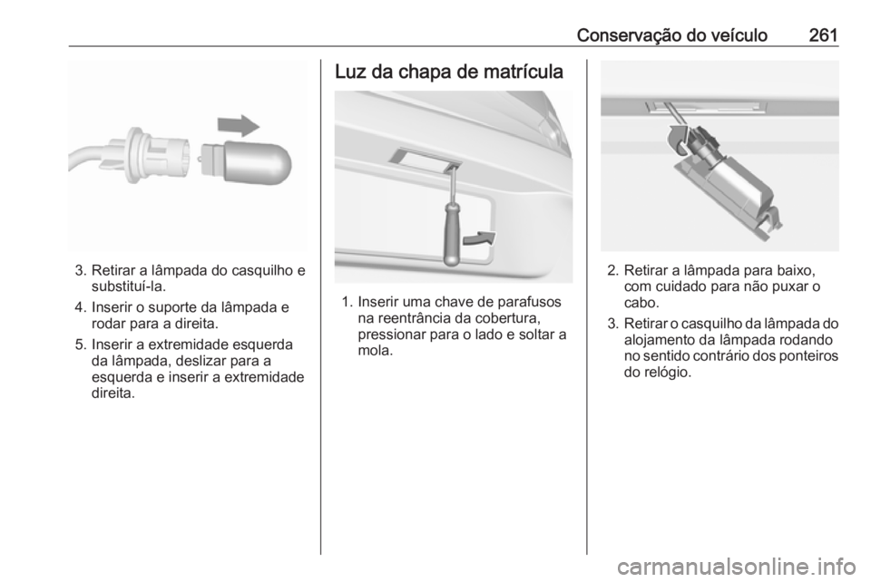 OPEL ASTRA K 2017  Manual de Instruções (in Portugues) Conservação do veículo261
3. Retirar a lâmpada do casquilho esubstituí-la.
4. Inserir o suporte da lâmpada e rodar para a direita.
5. Inserir a extremidade esquerda da lâmpada, deslizar para a
