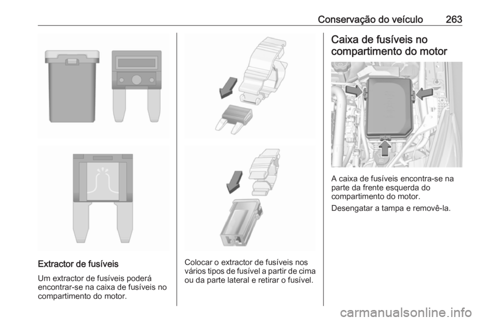 OPEL ASTRA K 2017  Manual de Instruções (in Portugues) Conservação do veículo263
Extractor de fusíveis
Um extractor de fusíveis poderá
encontrar-se na caixa de fusíveis no
compartimento do motor.Colocar o extractor de fusíveis nos
vários tipos de