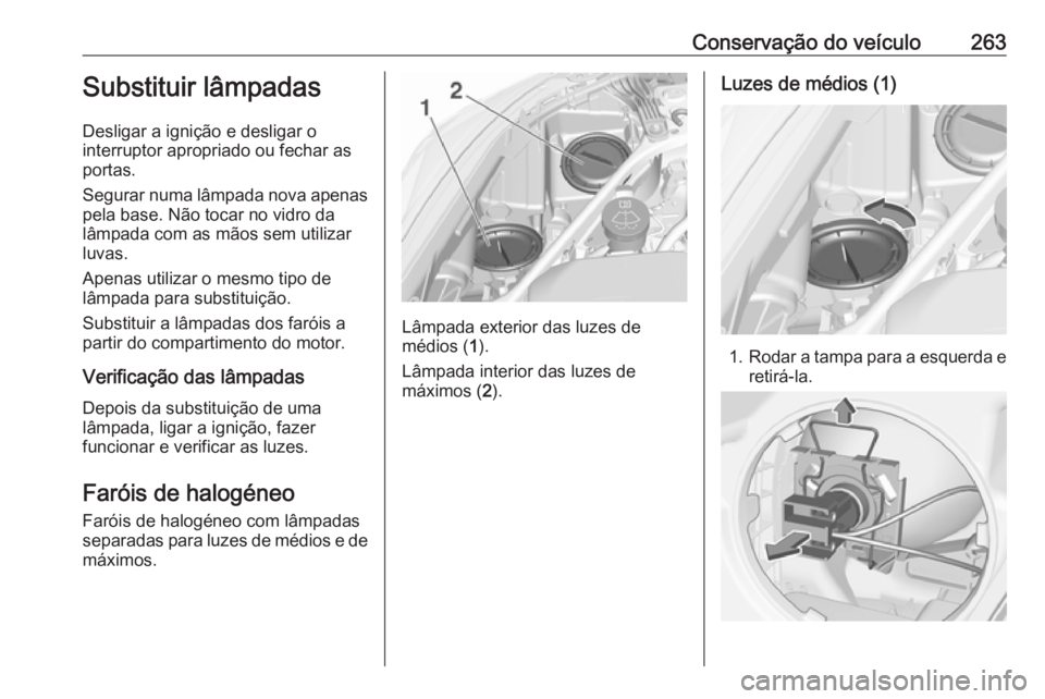 OPEL ASTRA K 2019  Manual de Instruções (in Portugues) Conservação do veículo263Substituir lâmpadas
Desligar a ignição e desligar o
interruptor apropriado ou fechar as
portas.
Segurar numa lâmpada nova apenas pela base. Não tocar no vidro da
lâmp