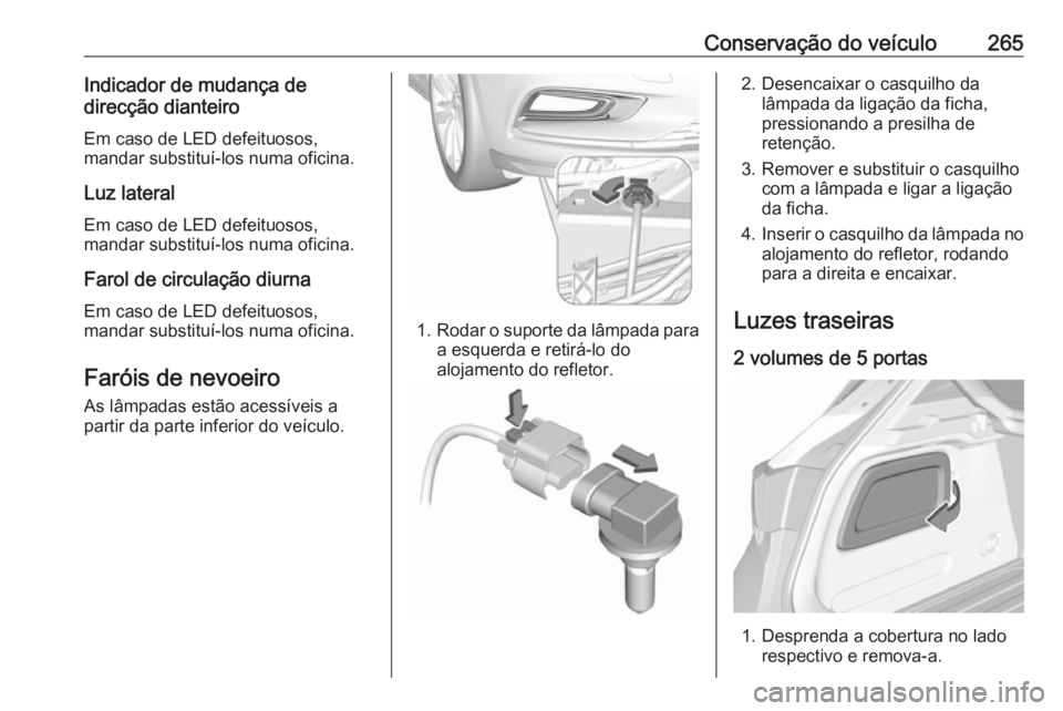 OPEL ASTRA K 2019  Manual de Instruções (in Portugues) Conservação do veículo265Indicador de mudança de
direcção dianteiro
Em caso de LED defeituosos,
mandar substituí-los numa oficina.
Luz lateral Em caso de LED defeituosos,
mandar substituí-los 