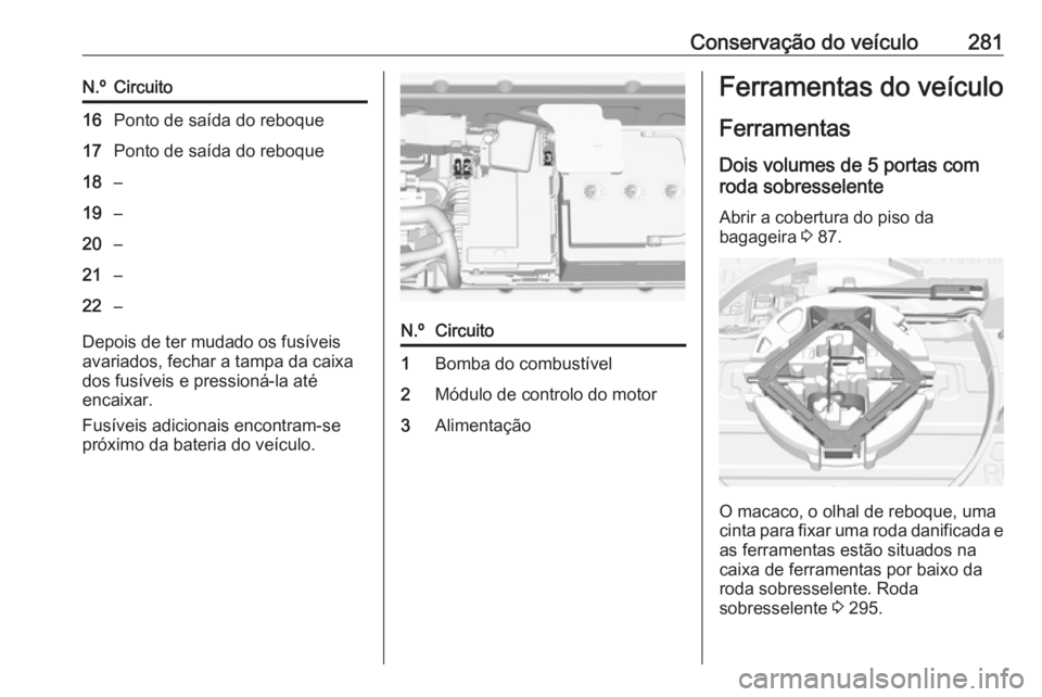 OPEL ASTRA K 2019  Manual de Instruções (in Portugues) Conservação do veículo281N.ºCircuito16Ponto de saída do reboque17Ponto de saída do reboque18–19–20–21–22–
Depois de ter mudado os fusíveis
avariados, fechar a tampa da caixa
dos fusí